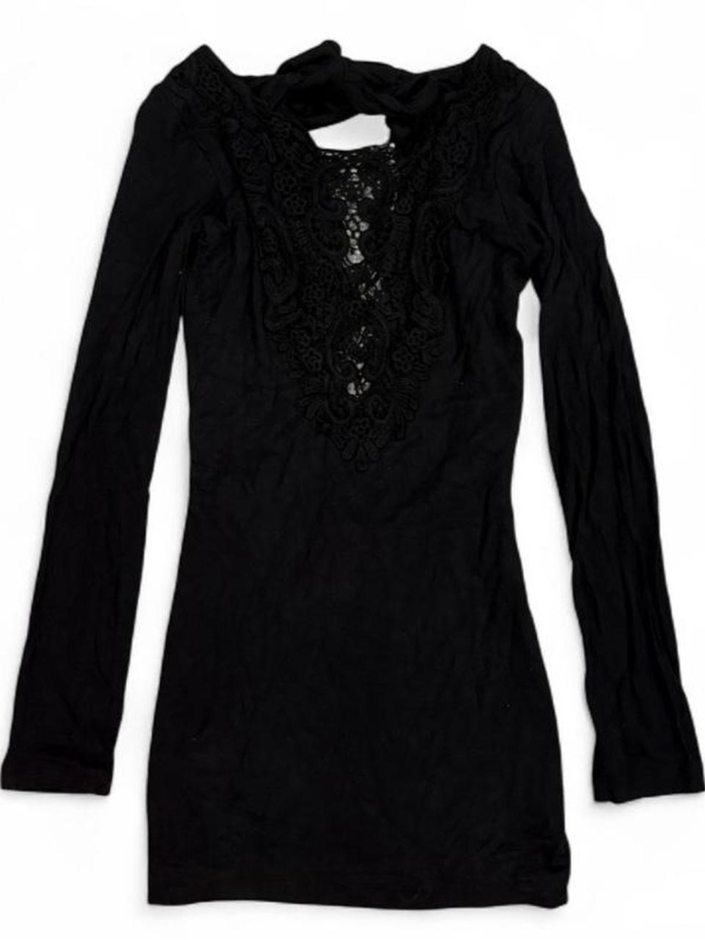 Y2K RHOC Sky open back crochet cut out tunic top with neck tie